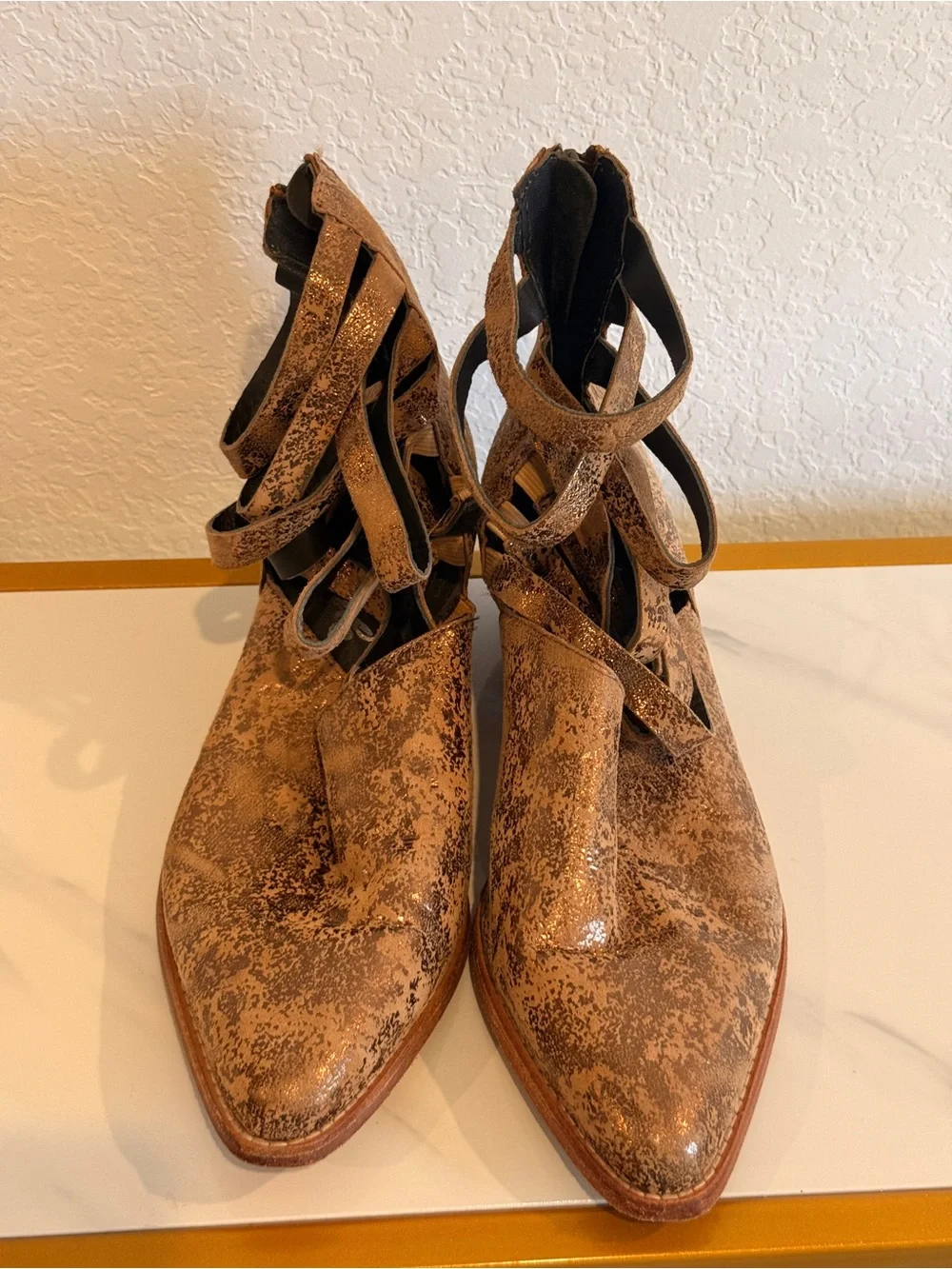 Women's Metallic Brown Strappy Ankle Boots